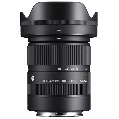 Black 18-50mm F2.8 DC DN Sony E lens with zoom and aperture rings, compact design, suitable for Sony mirrorless cameras.