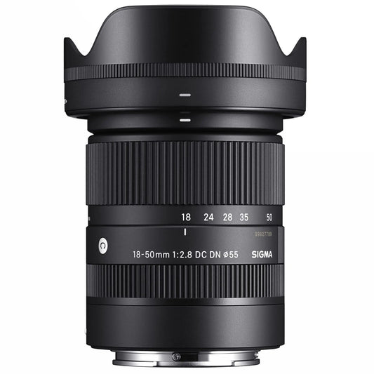 Black 18-50mm F2.8 DC DN Sony E lens with zoom and aperture rings, compact design, suitable for Sony mirrorless cameras.