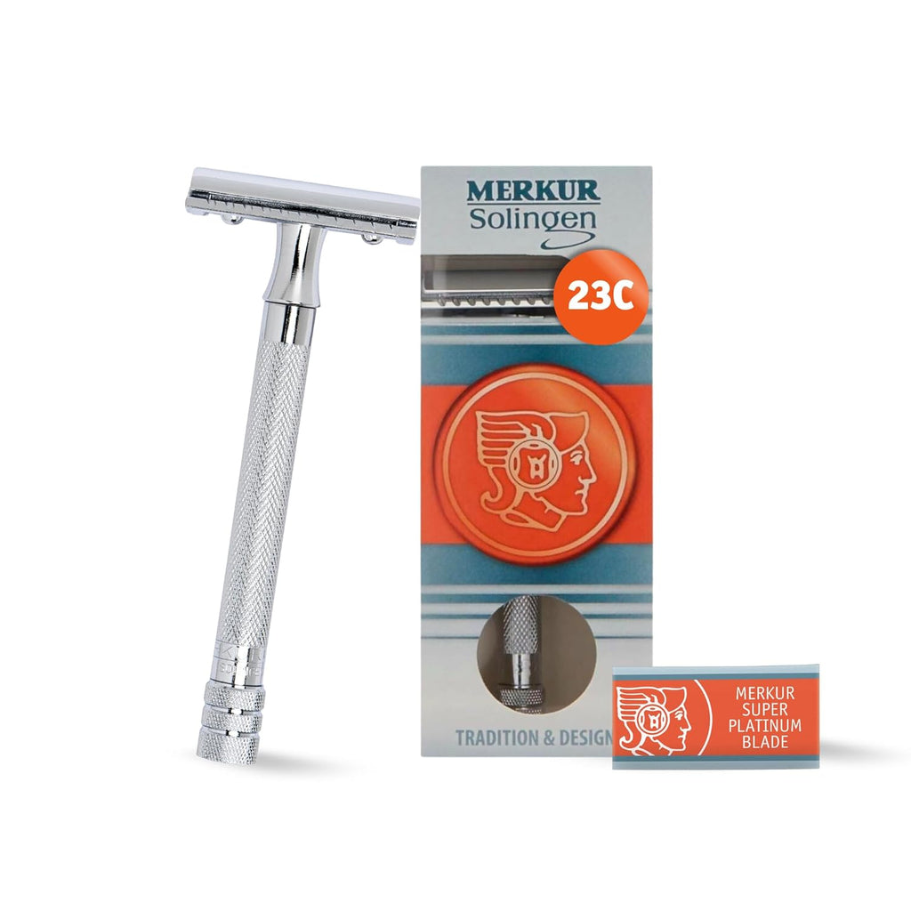 Merkur 23C Safety Razor - 3-Piece DE Razor with Closed Comb, Knurled Extra Long Handle in Chrome