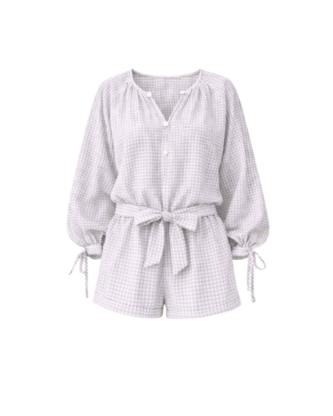 Tawny Blue Gingham Romper - Long Sleeve Button Front Belted Design - Shopthatapp.ca
