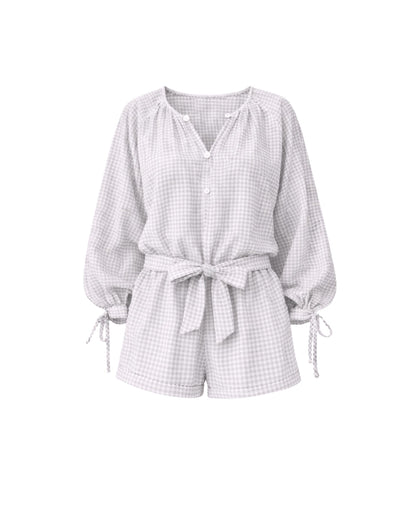 Tawny Blue Gingham Romper - Long Sleeve Button Front Belted Design - Shopthatapp.ca