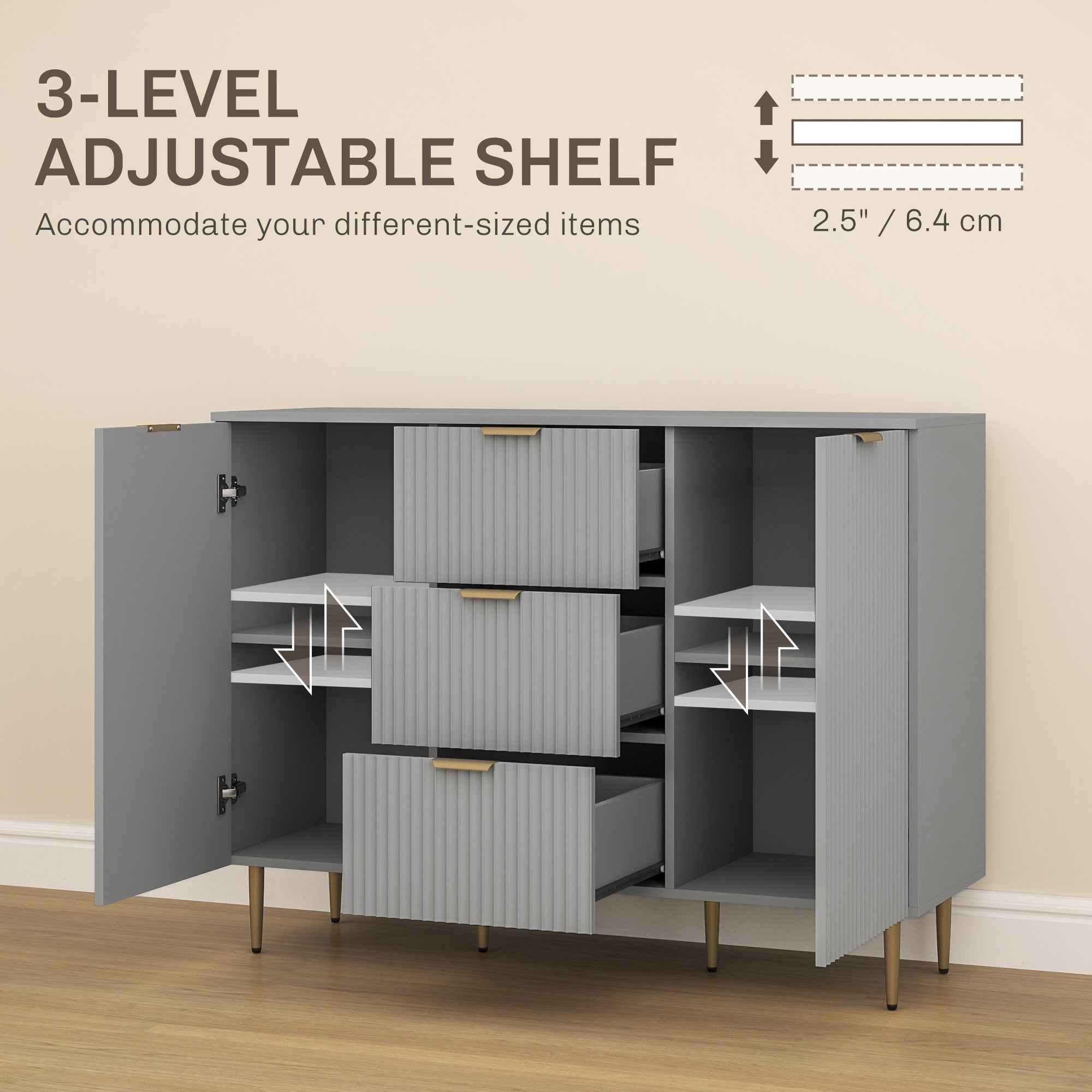 Ellis Modern Kitchen Buffet/Hallway Cabinet with 3 Drawers-Grey