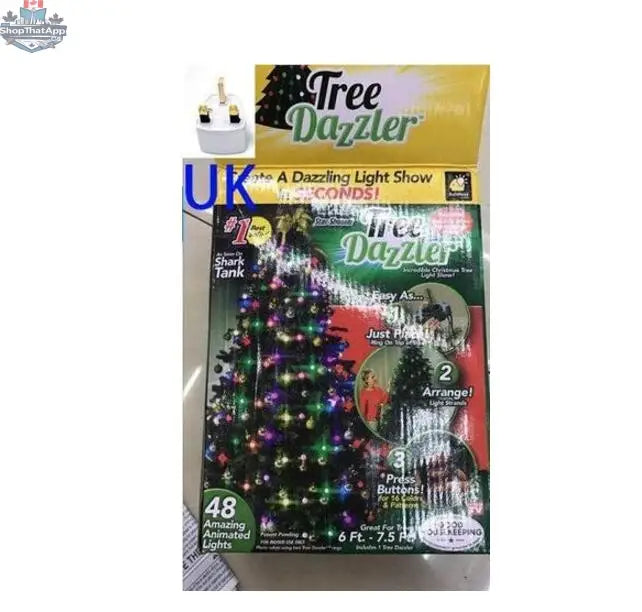 Colorful 64 and 48 light Dazzler Christmas tree light show, showcasing vibrant, blinking holiday lights on a decorated tree.