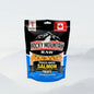 Freeze-dried salmon pet treats from ROCKY MOUNTAIN RAW, showing a 150g bag of healthy, natural salmon snack for dogs and cats.