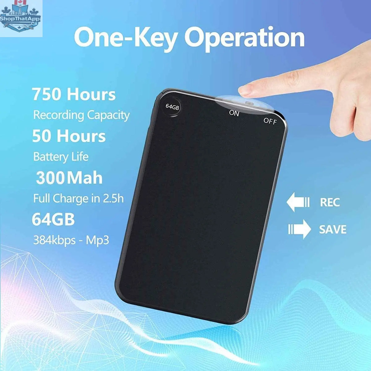 777tech V15 voice-activated recorder with 64GB USB flash drive, compact mini design, 50-hour recording, and 300mAh battery.