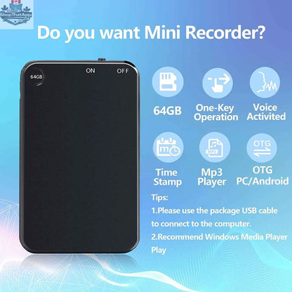 777tech V15 voice-activated recorder with 64GB, compact mini design, USB flash, 50-hour recording, 300mAh battery in sleek body