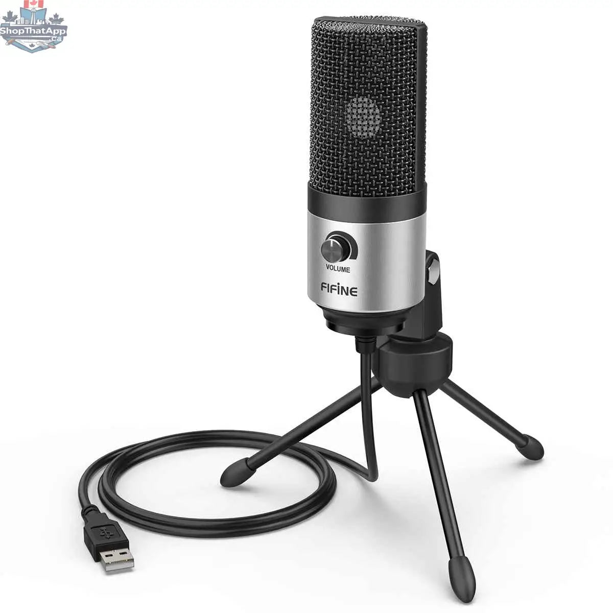 Fifine USB condenser microphone for laptops, cardioid studio recording vocals and voice overs, 777tech brand, on a desk.