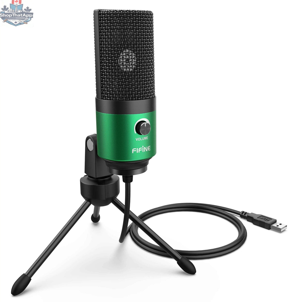777tech Fifine USB condenser microphone for laptop, studio-quality cardioid mic for vocals and voiceovers, shown on a desk.