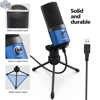 Fifine USB condenser microphone for laptops, cardioid studio recording for vocals and voice overs, branded 777tech.