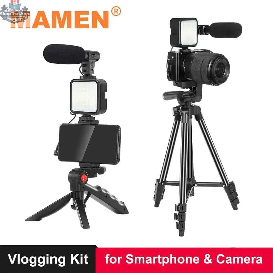 777tech MAMEN vlogging tripod kit with DSLR camera mount, remote, microphone, and LED light for smartphones and YouTube videos