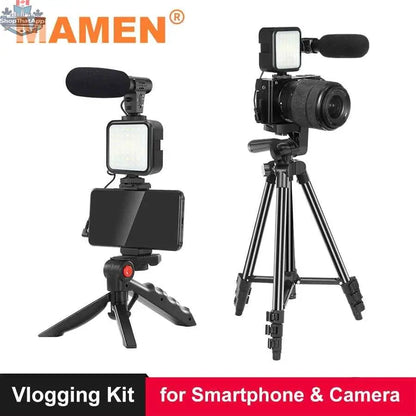 777tech MAMEN vlogging tripod kit with DSLR camera mount, remote, microphone, and LED light for smartphones and YouTube videos