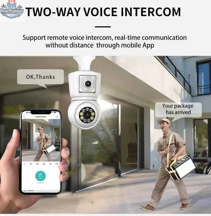 777tech 8MP WiFi bulb camera with 4K dual lenses, auto tracking, two-way audio, night vision, CCTV security, and sleek design.