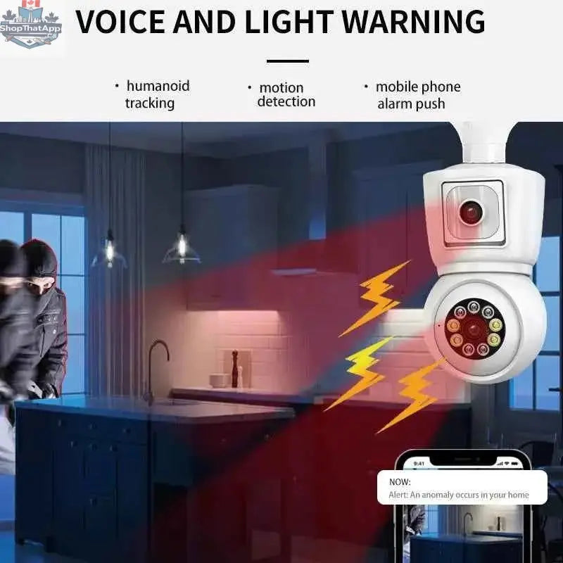 777tech 8MP WiFi bulb camera with 4K dual lens, night vision, auto tracking, two-way audio, and CCTV security features.