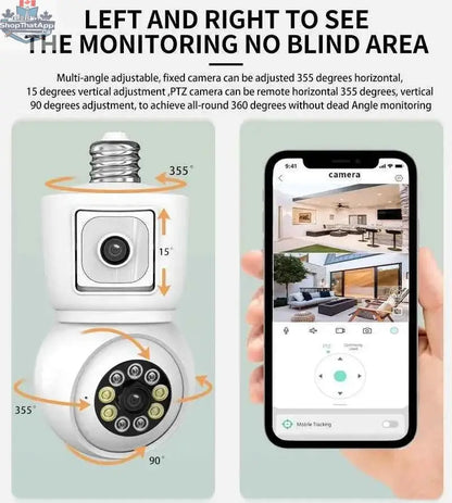 777tech 8MP WiFi bulb camera with 4K dual lens, night vision, auto tracking, two-way audio, and CCTV security features.