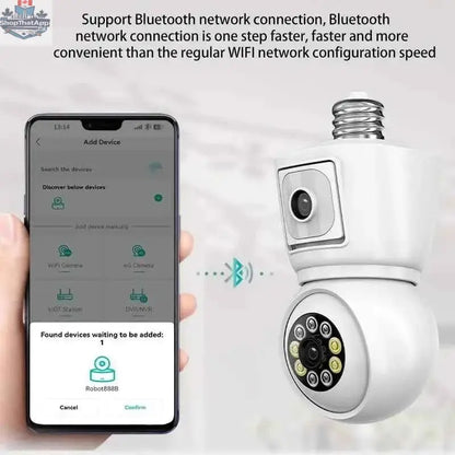 777tech 8MP WiFi security camera bulb with dual 4K lenses, auto tracking, two-way audio, and night vision for home security.