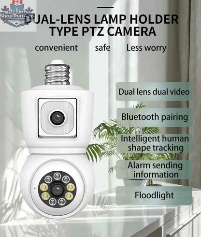 777tech 8MP WiFi camera bulb with 4K dual lens, auto tracking, two-way audio, night vision, and CCTV security features.