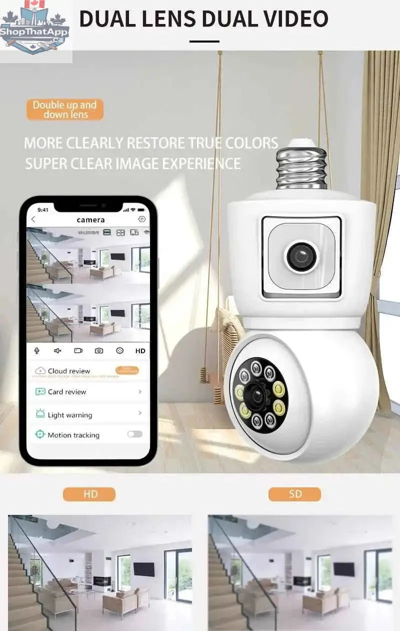 777tech 8MP WiFi security camera bulb with 4K dual lens, auto tracking, two-way audio, night vision, CCTV surveillance