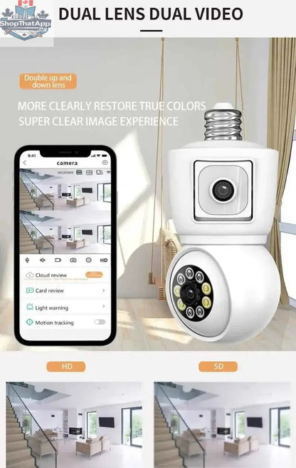 777tech 8MP WiFi security camera bulb with 4K dual lens, auto tracking, two-way audio, night vision, CCTV surveillance