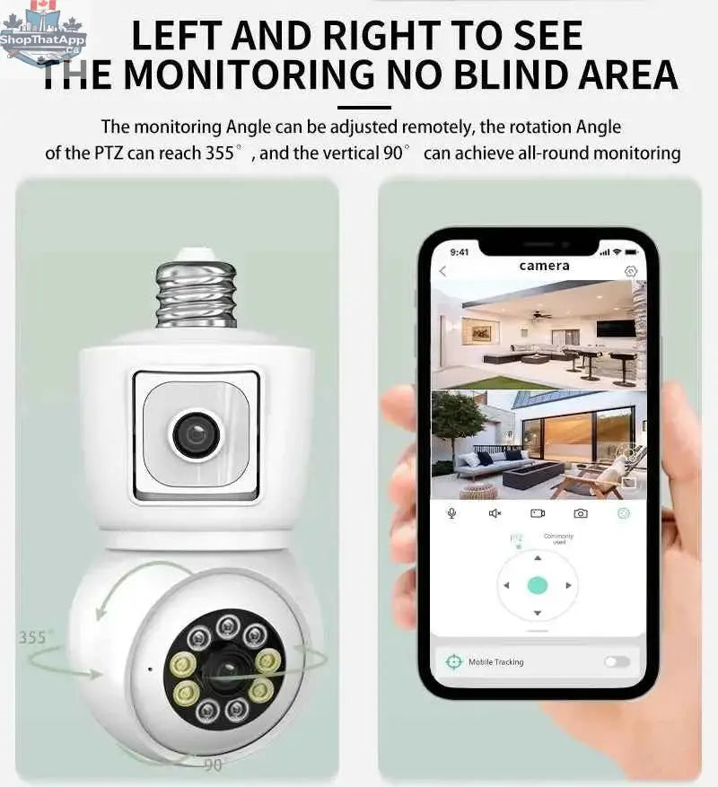 777tech 8MP WiFi camera bulb with 4K dual lens, auto tracking, two-way audio, night vision, CCTV security features.