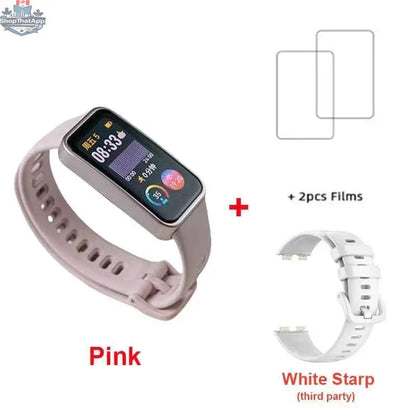 Huawei Band 9 smart band with 1.47-inch AMOLED screen, heart rate monitor, blood oxygen tracking, and 2-week battery life.