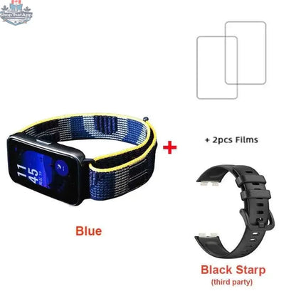Huawei Band 9 smart band with 1.47-inch AMOLED screen, heart rate monitor, blood oxygen tracking, and 2-week battery life.
