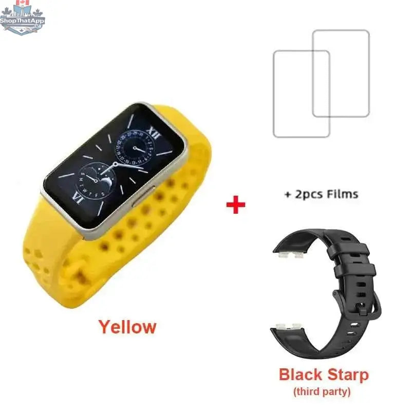 Huawei Band 9 smart band with 1.47-inch AMOLED screen, blood oxygen monitor, heart rate sensor, showing a sleek black design.