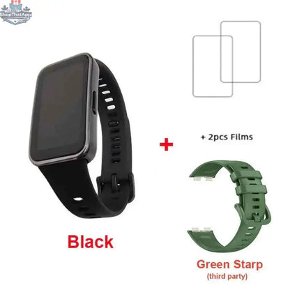 Huawei Band 9 smart band with 1.47-inch AMOLED display, blood oxygen monitor, heart rate sensor, and 2-week battery life.