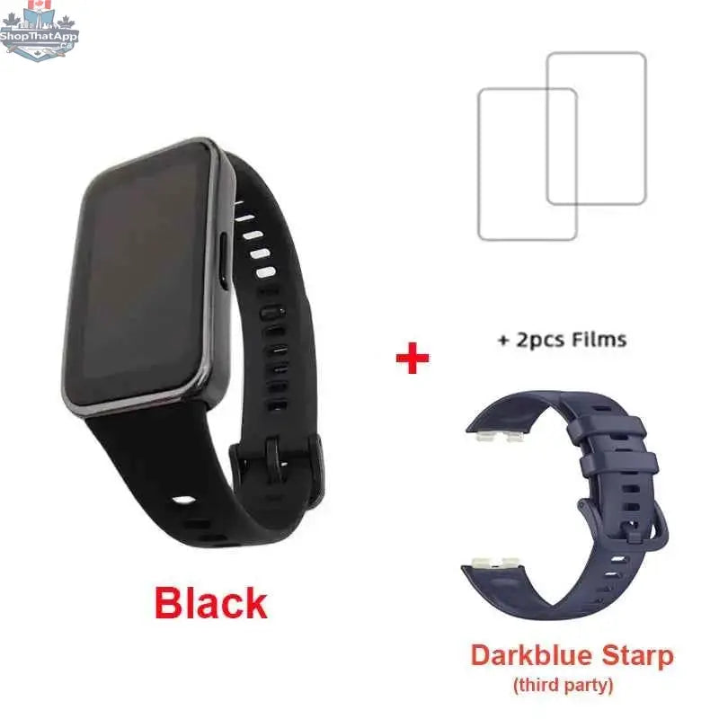 Huawei Band 9 smart band with 1.47-inch AMOLED screen, heart rate monitor, blood oxygen tracking, and 2-week battery life.