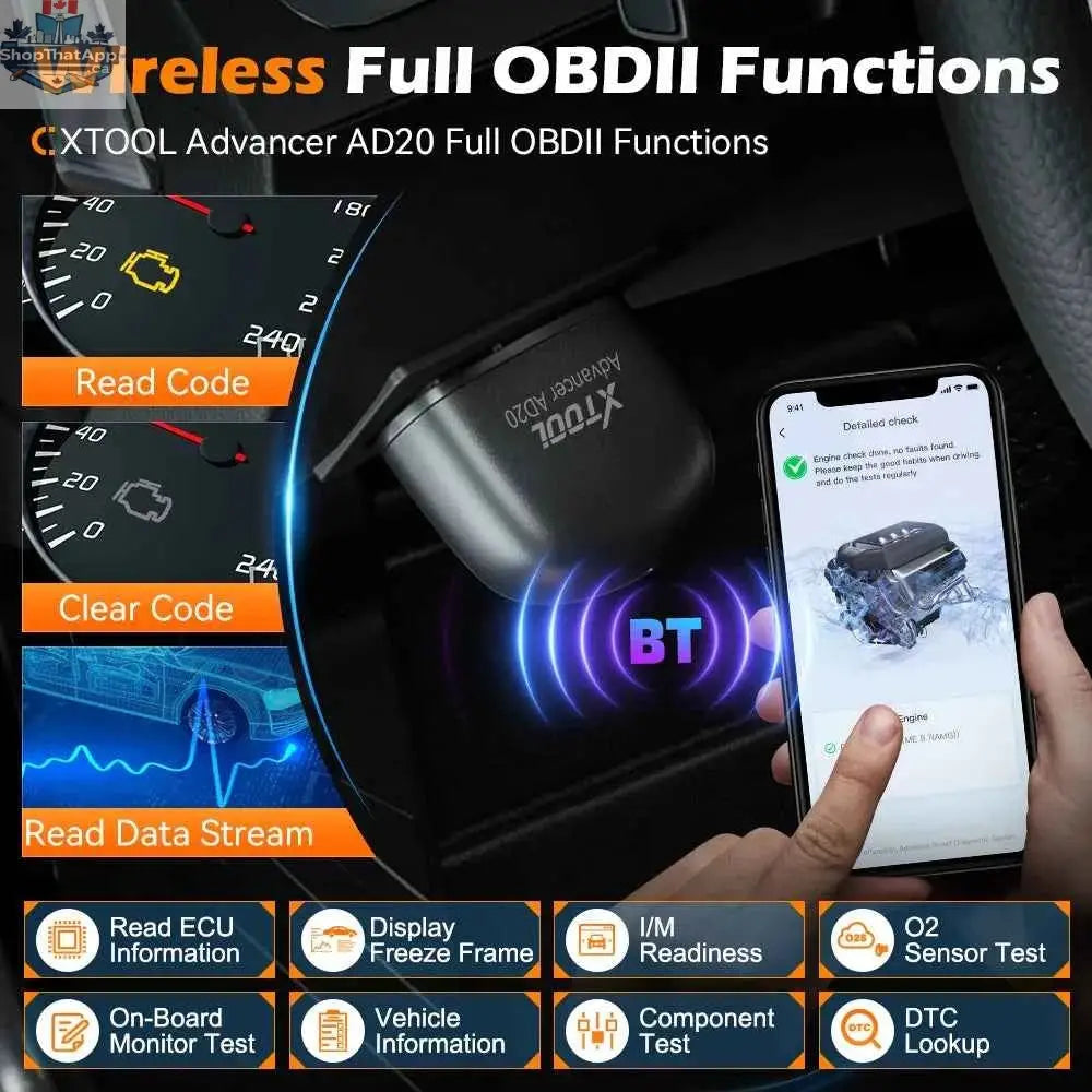 777tech XTOOL Advancer AD20 OBD2 scanner mini Bluetooth 5.0 car diagnostic tool showing device with display and connection ports