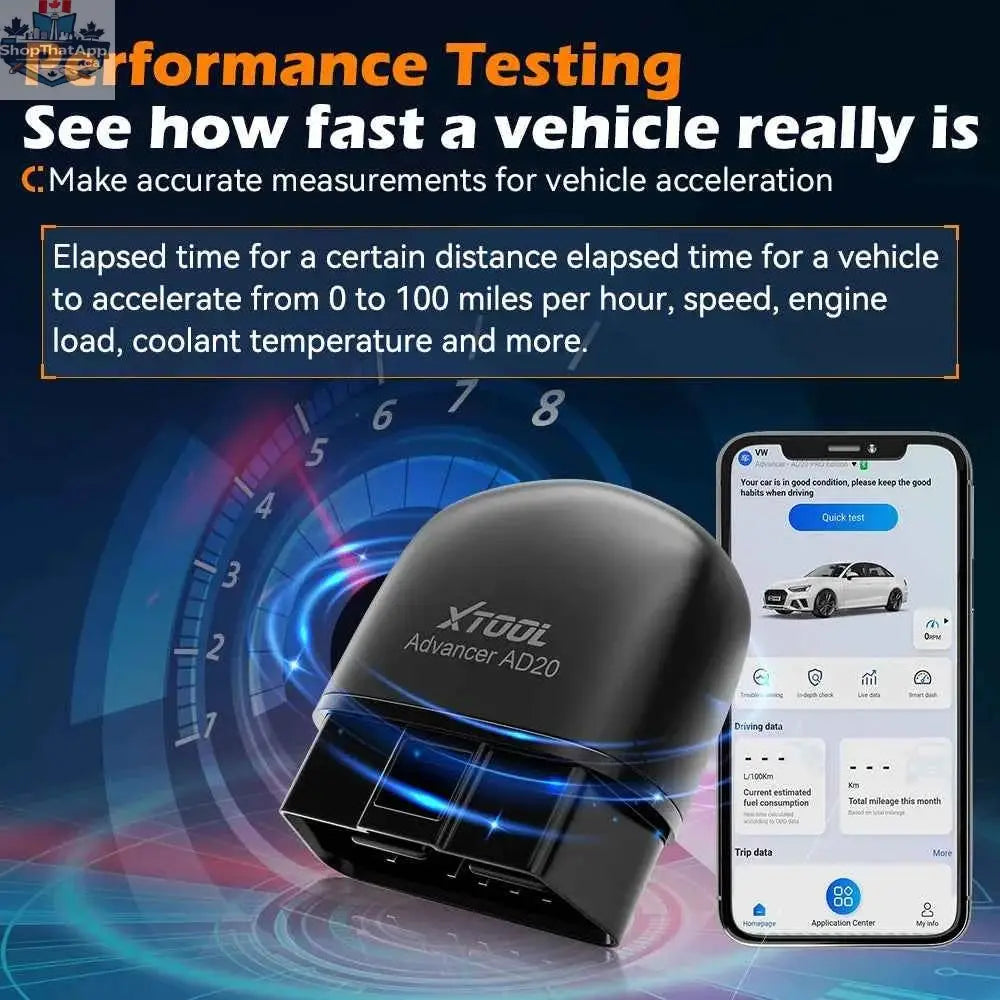 777tech XTOOL Advancer AD20 OBD2 scanner Bluetooth car diagnostic tool showing its compact design and connection ports.