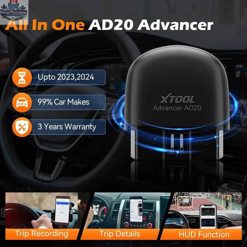 777tech XTOOL Advancer AD20 OBD2 scanner, mini Bluetooth 5.0 car diagnostic tool with full functions, shown connected to vehicle.