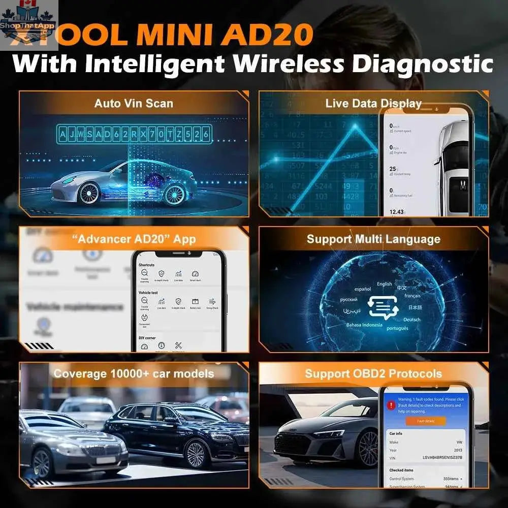 XTOOL Advancer AD20 OBD2 scanner by 777tech, compact Bluetooth 5.0 car diagnostic tool with full functions, shown in image.