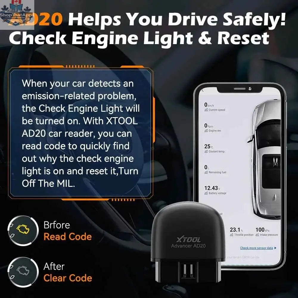 XTOOL Advancer AD20 OBD2 Scanner by 777tech, compact Bluetooth 5.0 car diagnostic tool showing display and connection ports.