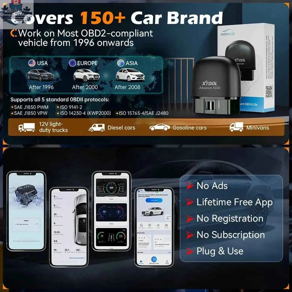777tech XTOOL Advancer AD20 OBD2 Bluetooth scanner showing compact, full-function car diagnostic tool with screen and Bluetooth connection