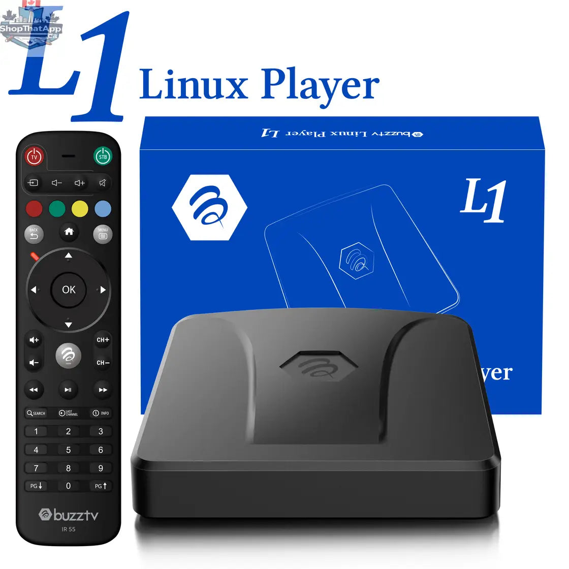 BuzzTV L1 Player high-performance Linux streaming device for audio and video from 777tech, shown with sleek black design and ports.