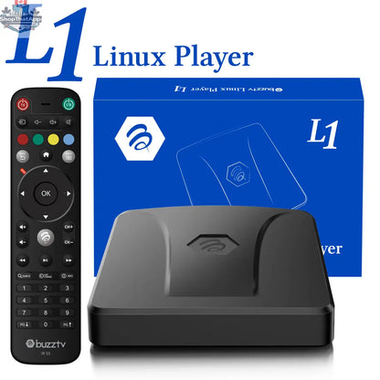 BuzzTV L1 Player high-performance Linux streaming device for audio and video from 777tech, shown with sleek black design and ports.