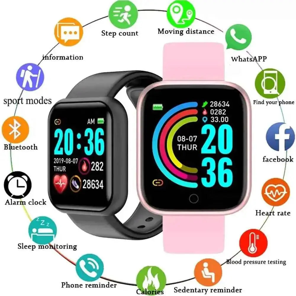 Waterproof 777tech fitness smartwatch with sport and fitness tracking features, showing a digital display with health metrics.