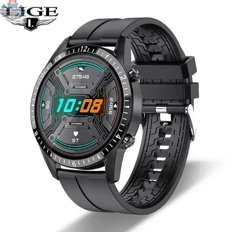 Black 777tech Bluetooth Smart Watch with digital display and fitness tracking features on a white background.