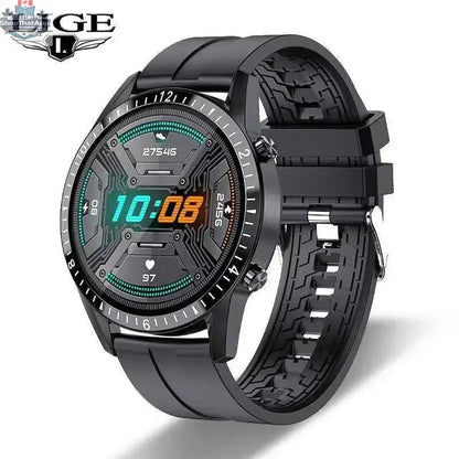 Black 777tech Bluetooth Smart Watch with digital display and fitness tracking features on a white background.