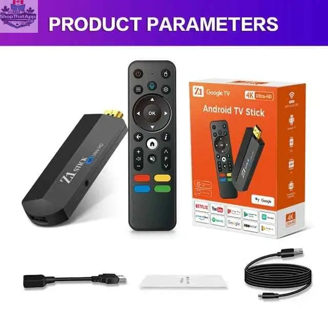 Android 11 Google TV Stick 4K by 777tech with HDMI, voice remote, USB port, Wi-Fi, streaming live TV, sports, and movies.
