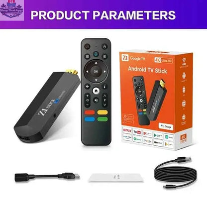 Android 11 Google TV Stick 4K by 777tech with HDMI, voice remote, USB port, Wi-Fi, streaming live TV, sports, and movies.