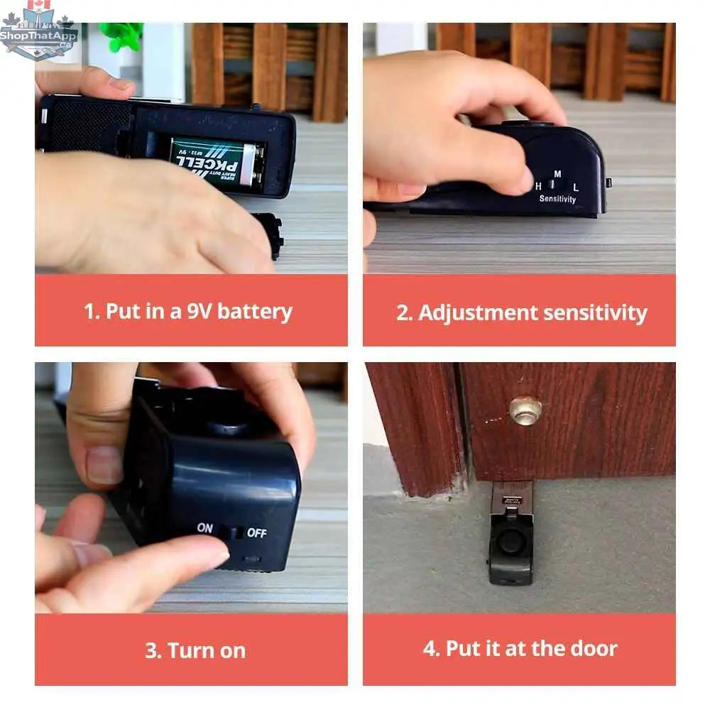 Portable 125dB home security door alarm by 777tech, featuring vibration detection and door stop for travel safety.