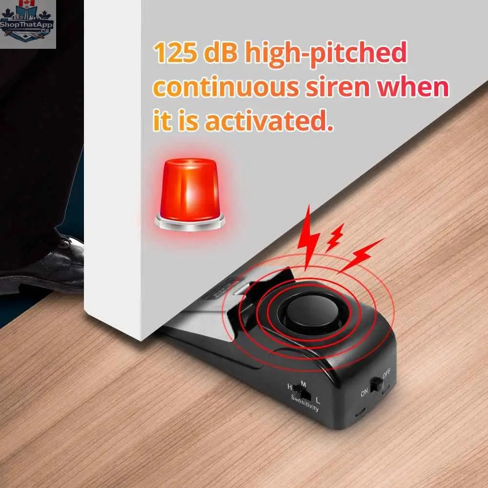 Portable home security door alarm by 777tech, 125dB vibration alarm with door stop for travel safety and enhanced security.