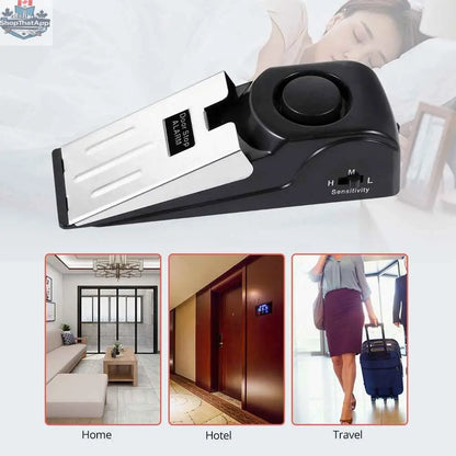 777tech home security door alarm with 125dB vibration sensor, portable door stop for enhanced travel security, shown in use.