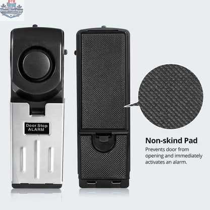 Portable home security door alarm by 777tech, 125dB vibration alarm with door stop for travel safety and enhanced security.