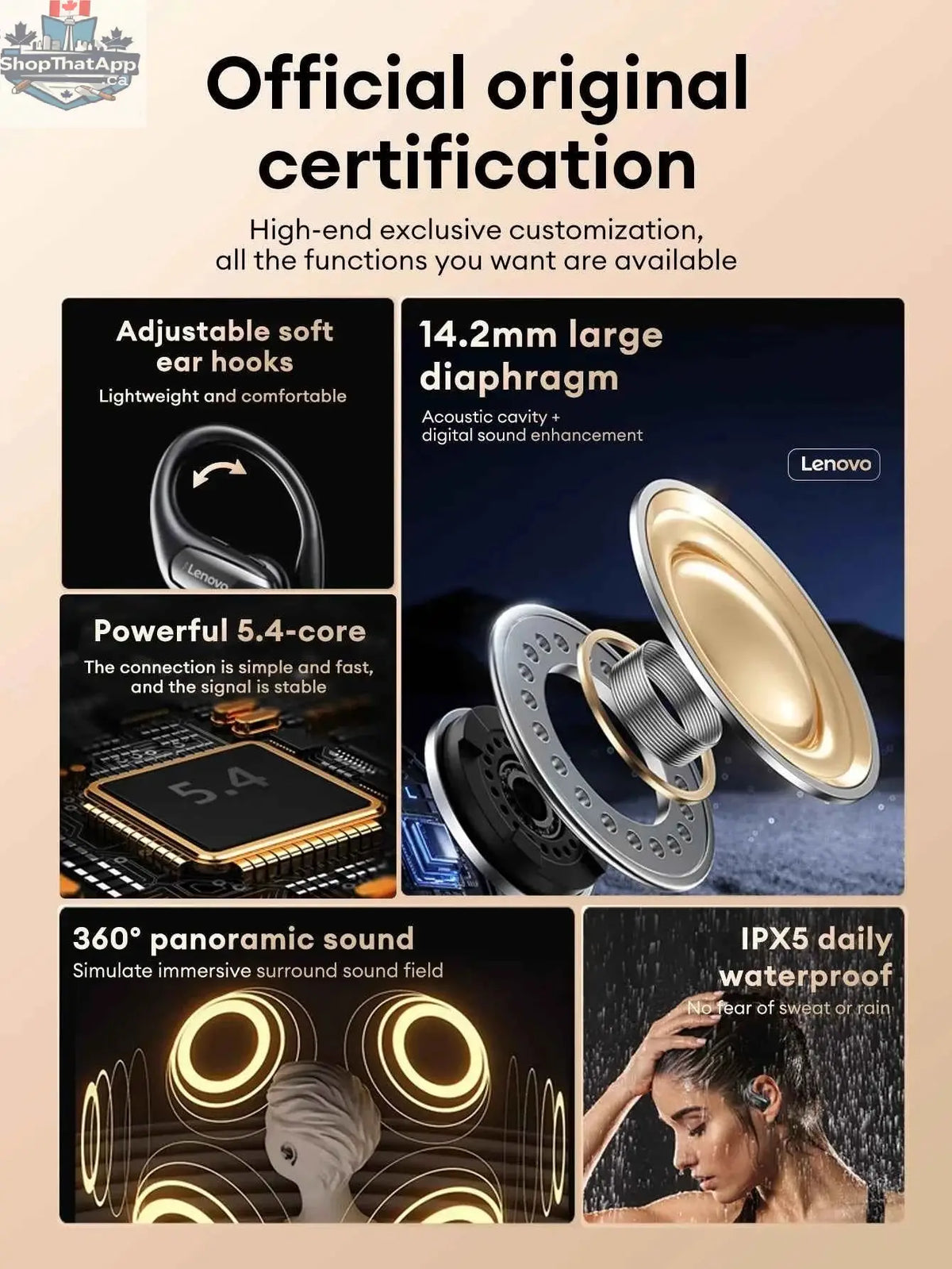 Lenovo EA305 waterproof wireless earphones by 777tech with Bluetooth V5.4, designed for sports and gaming, featuring long battery life.