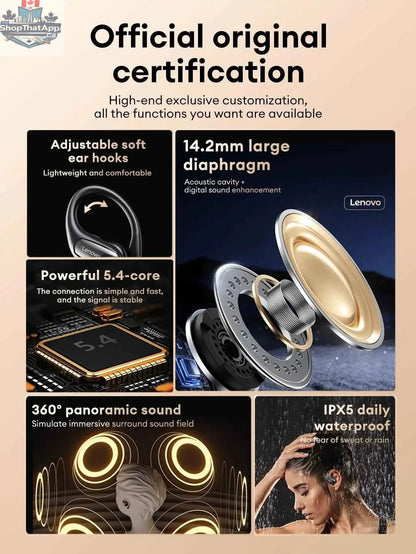 Lenovo EA305 waterproof wireless earphones by 777tech with Bluetooth V5.4, designed for sports and gaming, featuring long battery life.