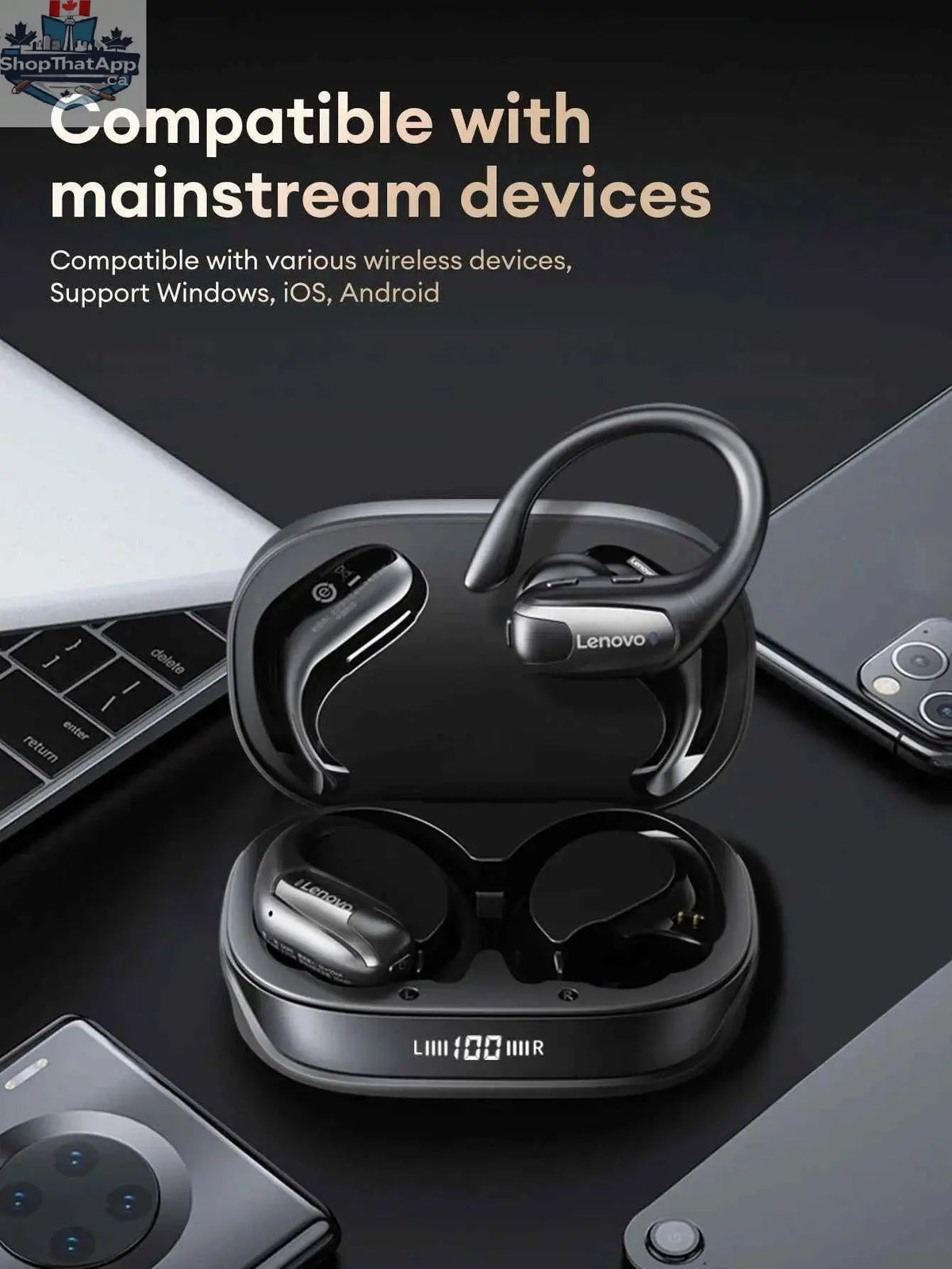 Lenovo EA305 wireless waterproof Bluetooth earphones by 777tech, designed for sports and gaming with long-lasting battery life.