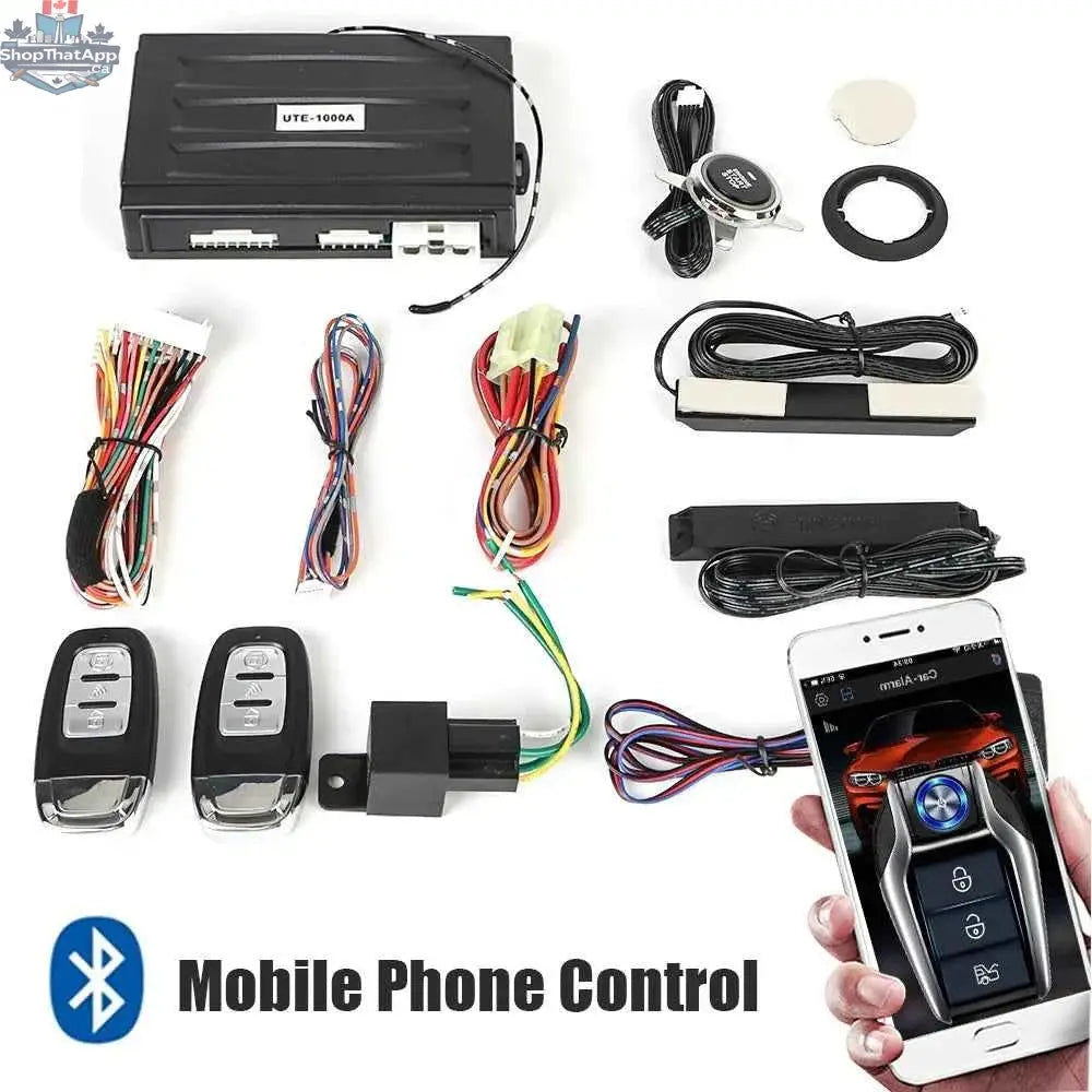 Universal 777tech car start stop keyless entry remote start kit with smartphone control, featuring a one-button push system.