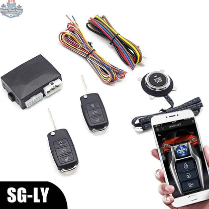Universal car remote start kit with keyless entry and smartphone control by 777tech, featuring a one-button push system, shown in the image.